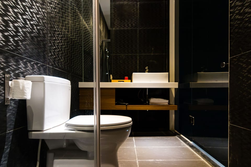Shower, hair dryer, slippers, towels