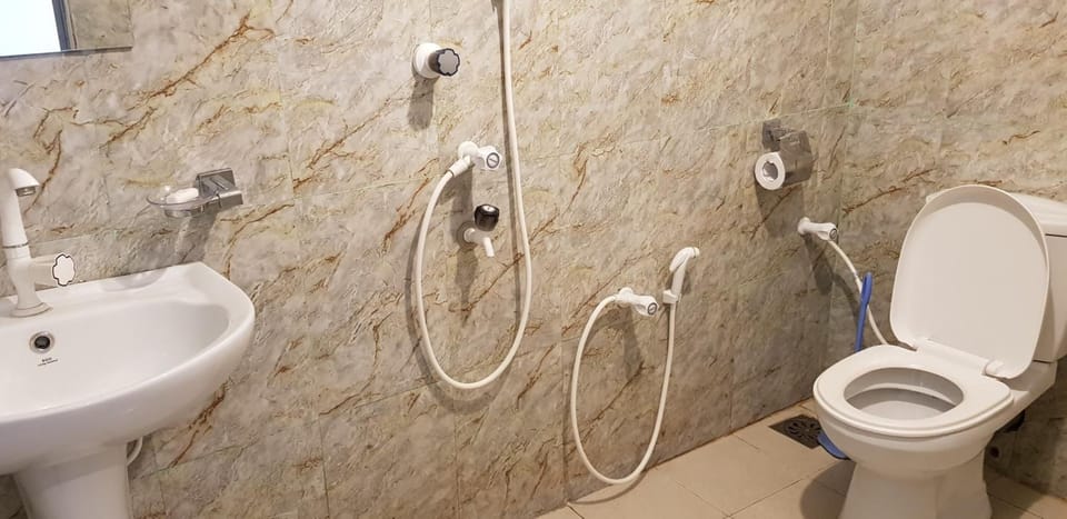 Shower, towels, soap, toilet paper