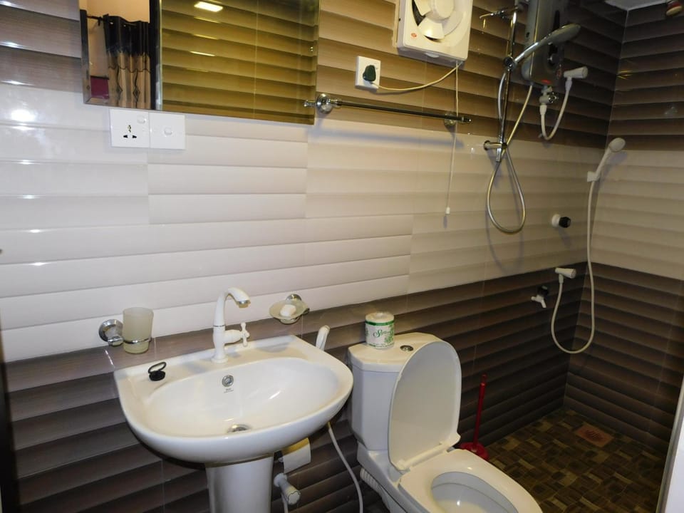 Shower, towels, soap, toilet paper