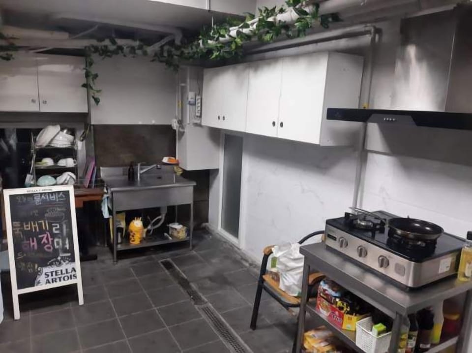 Mini-fridge, microwave, electric kettle, toaster