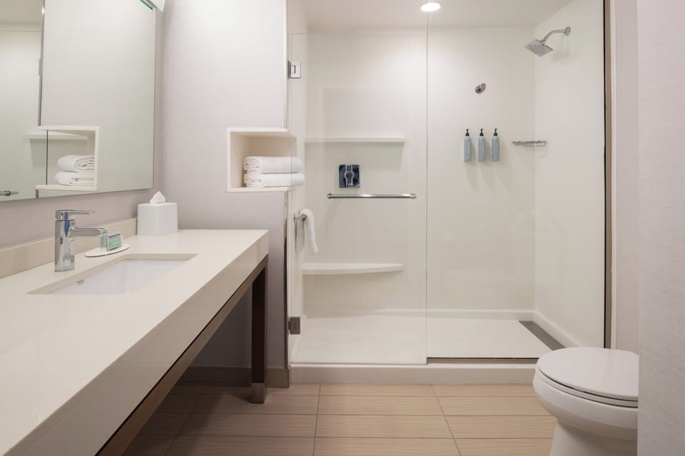 Combined shower/tub, free toiletries, hair dryer, towels