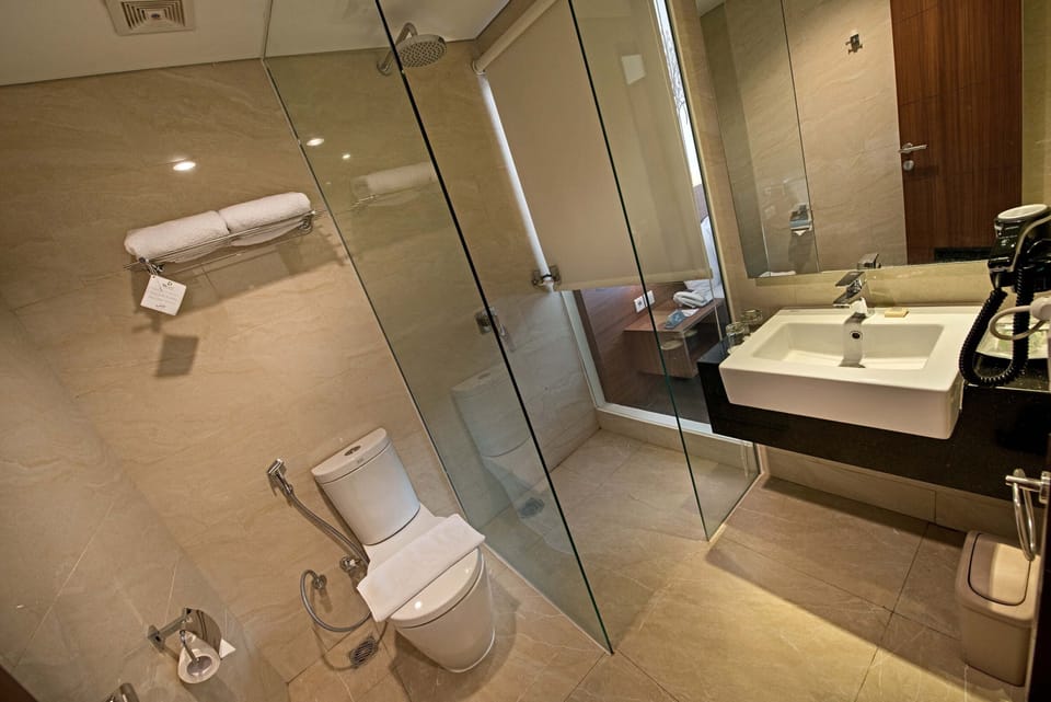 Shower, free toiletries, slippers, towels