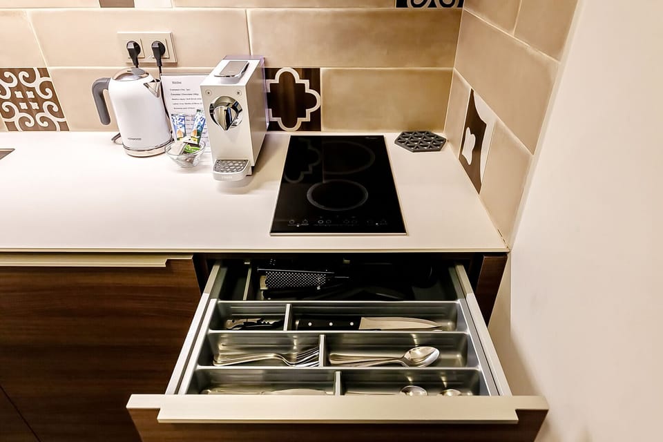 Fridge, microwave, stovetop, espresso maker