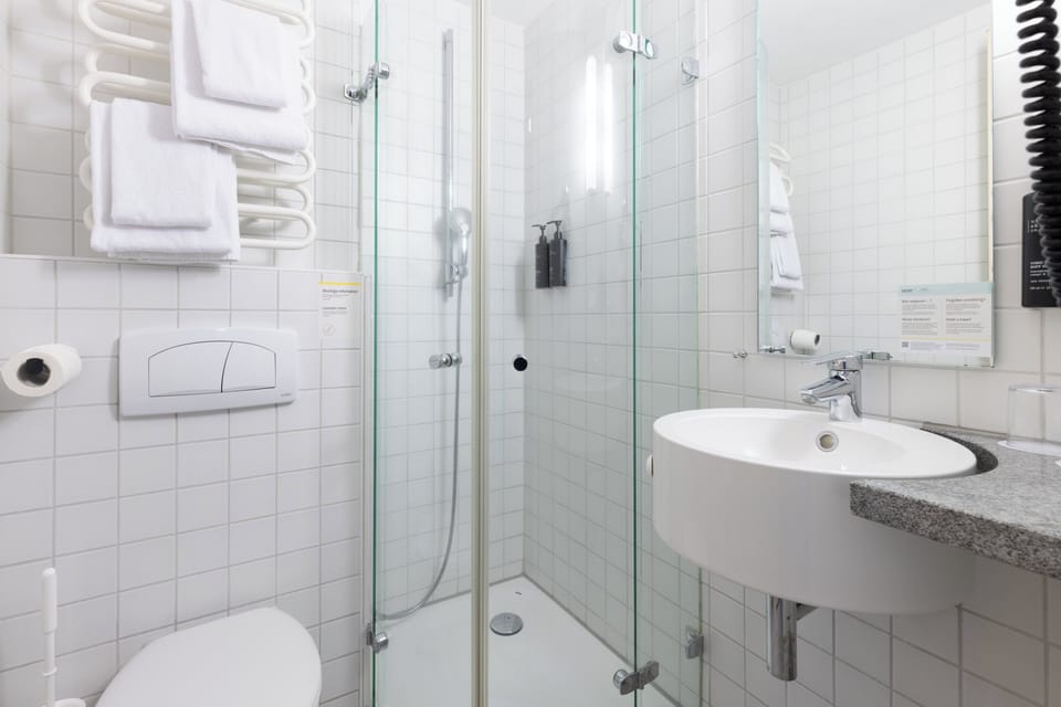 Shower, free toiletries, hair dryer, towels