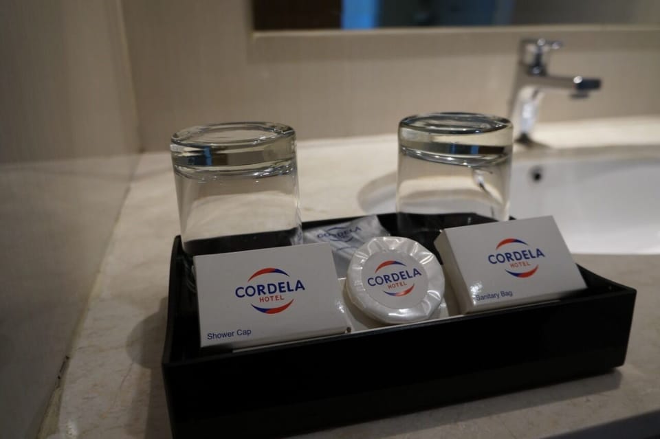 Shower, free toiletries, slippers, towels