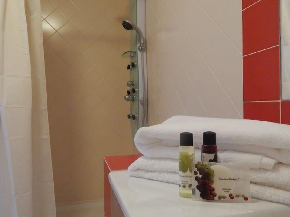 Shower, hydromassage showerhead, free toiletries, hair dryer