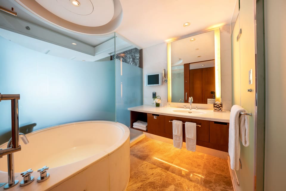 Separate tub and shower, free toiletries, hair dryer, bathrobes