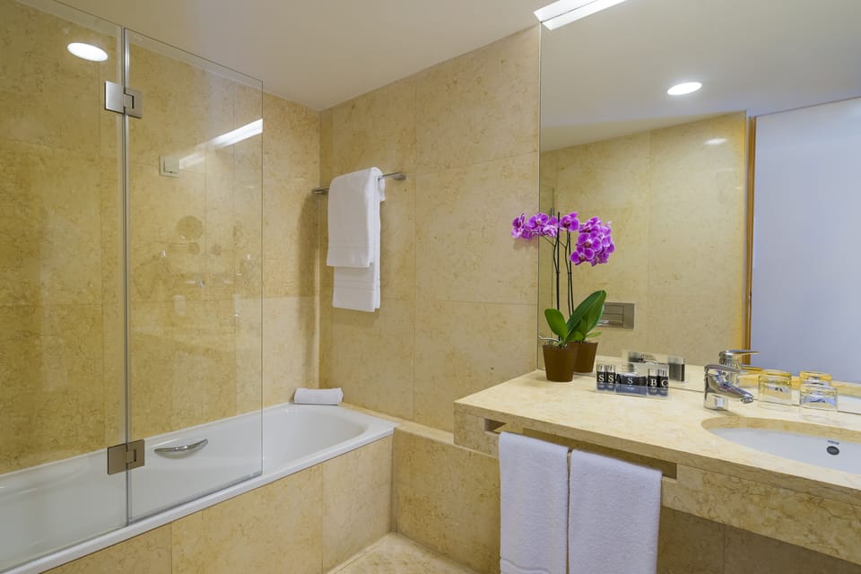 Bathtub, free toiletries, hair dryer, towels