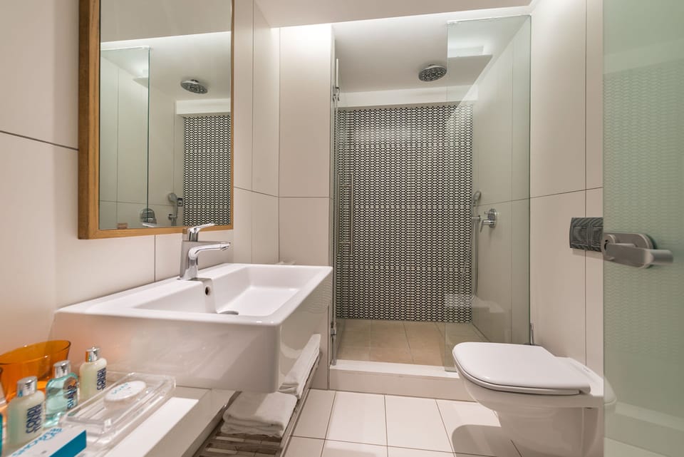 Designer toiletries, hair dryer, towels
