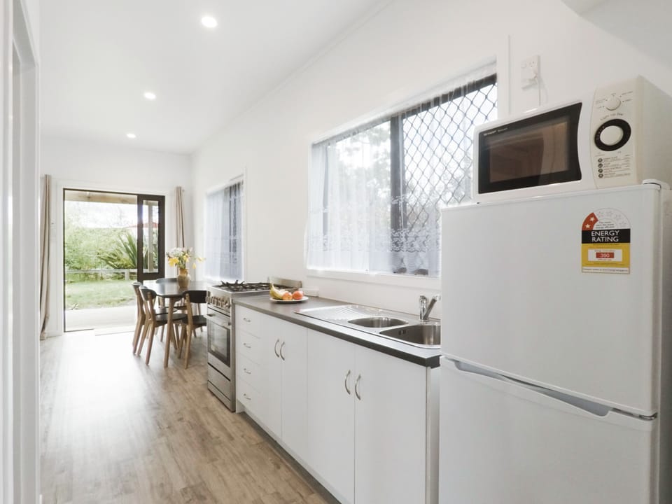 Fridge, microwave, electric kettle, toaster