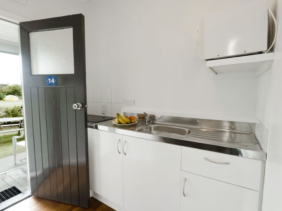 Fridge, microwave, electric kettle, toaster