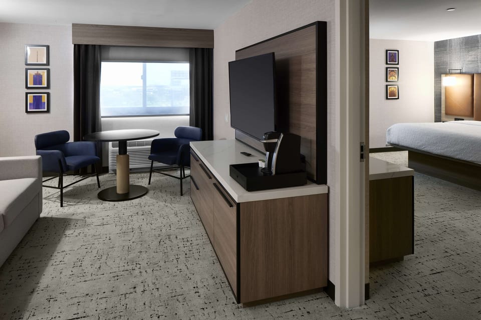Suite, 1 King Bed | Living area | 50-inch LCD TV with cable channels, TV