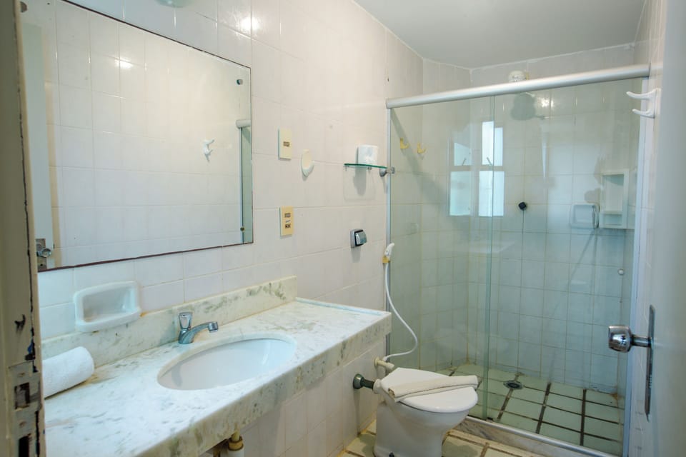 Shower, towels, soap, toilet paper