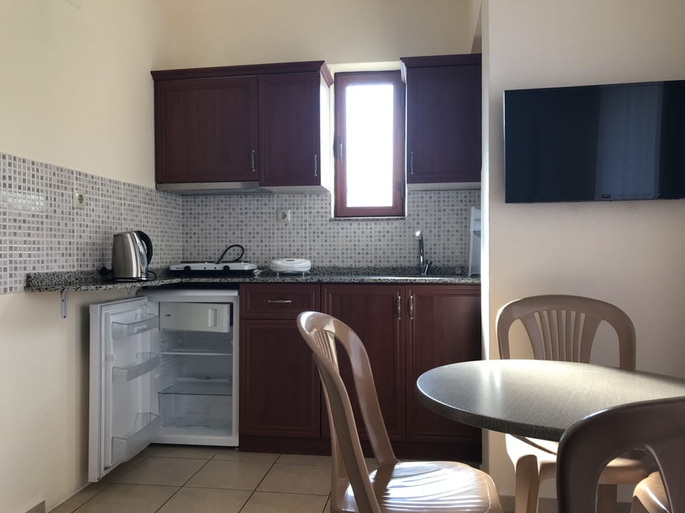 Fridge, stovetop, electric kettle, toaster