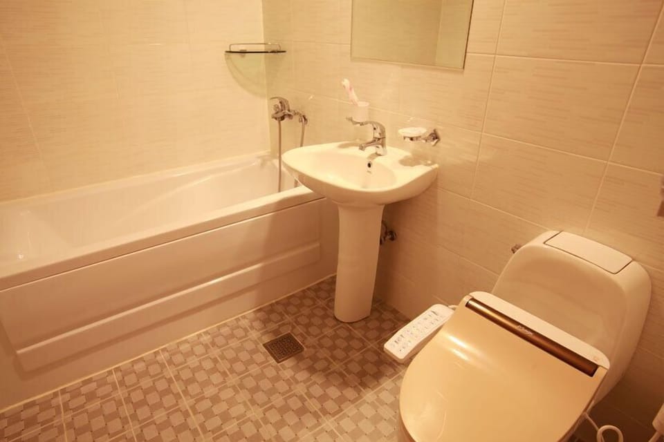 Combined shower/tub, free toiletries, hair dryer, bathrobes