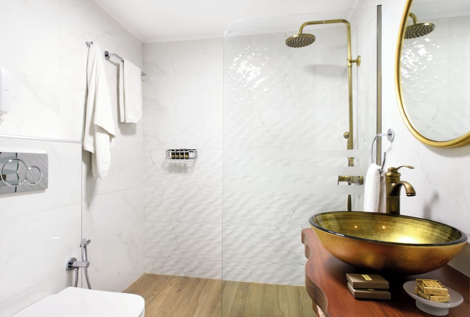Shower, free toiletries, hair dryer, slippers