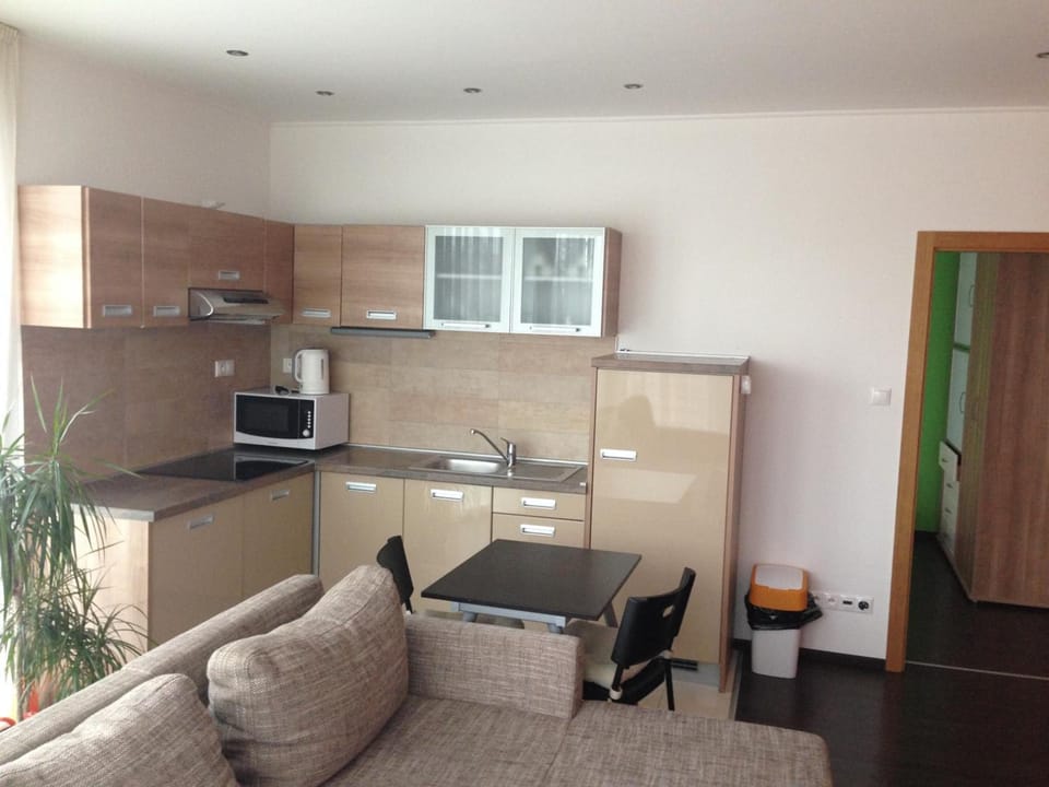 Fridge, microwave, stovetop, coffee/tea maker