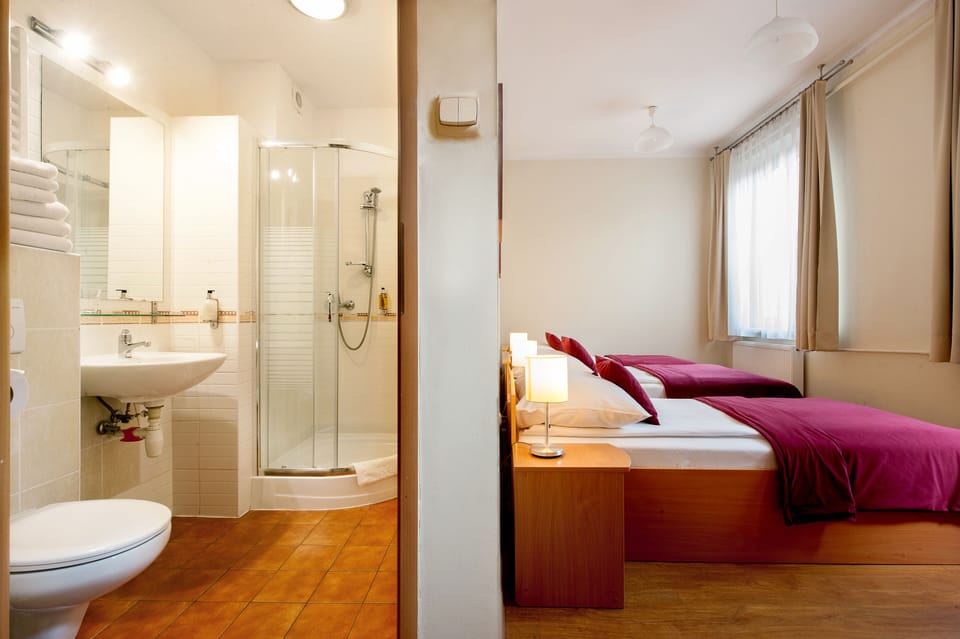 Shower, hair dryer, towels, toilet paper