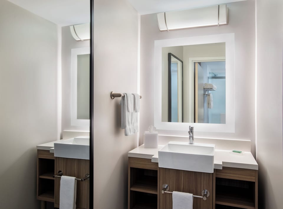 Combined shower/tub, free toiletries, hair dryer, towels