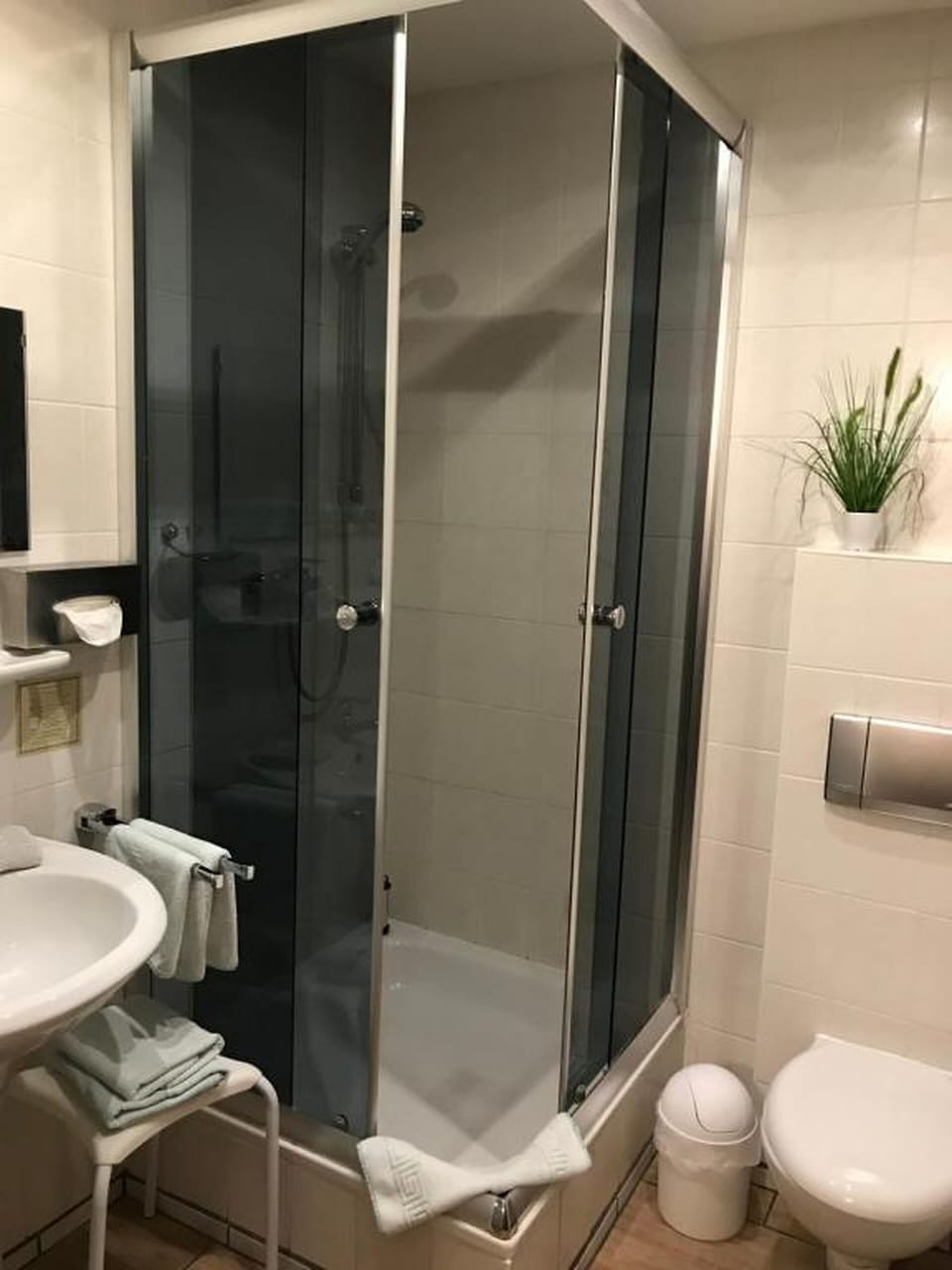 Shower, free toiletries, hair dryer, towels