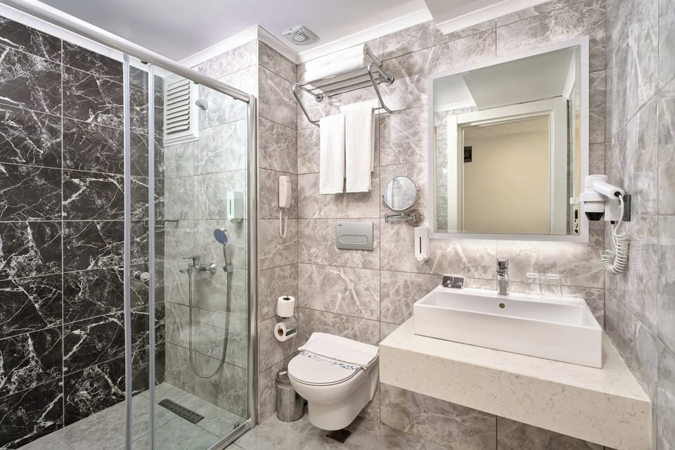 Shower, free toiletries, hair dryer, slippers