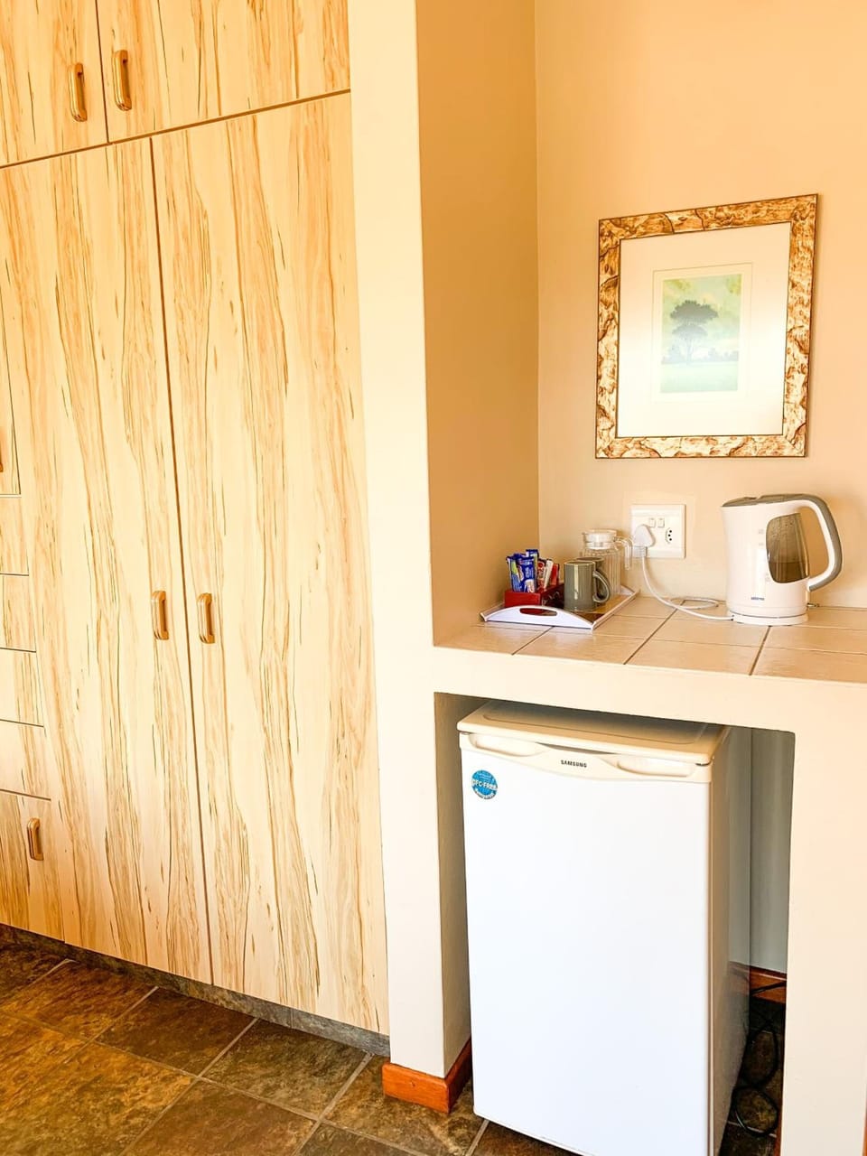 Fridge, coffee/tea maker, electric kettle