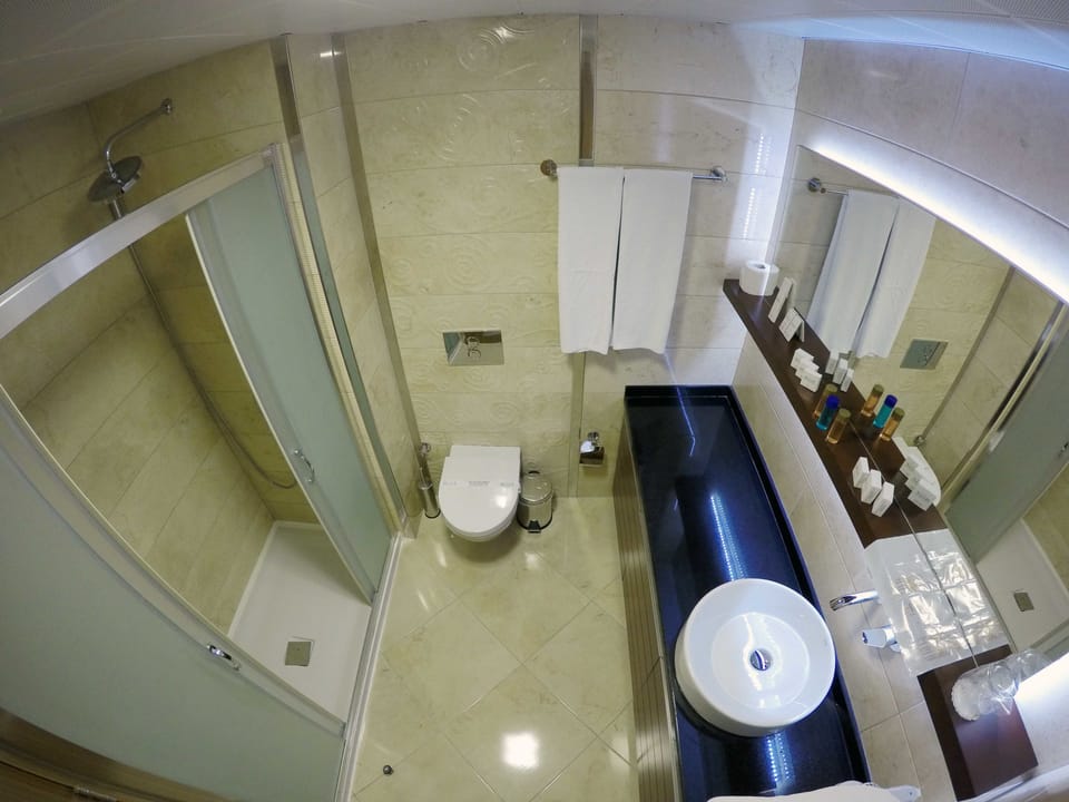 Shower, free toiletries, hair dryer, slippers