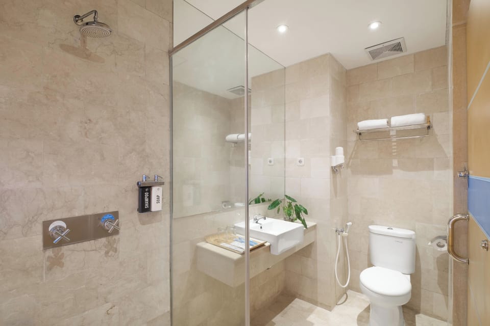Shower, free toiletries, hair dryer, slippers