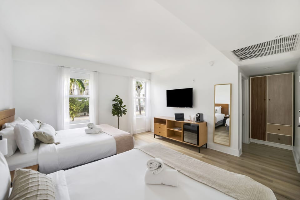 Standard Room, 2 Queen Beds (Self check) | In-room safe, desk, laptop workspace, blackout drapes