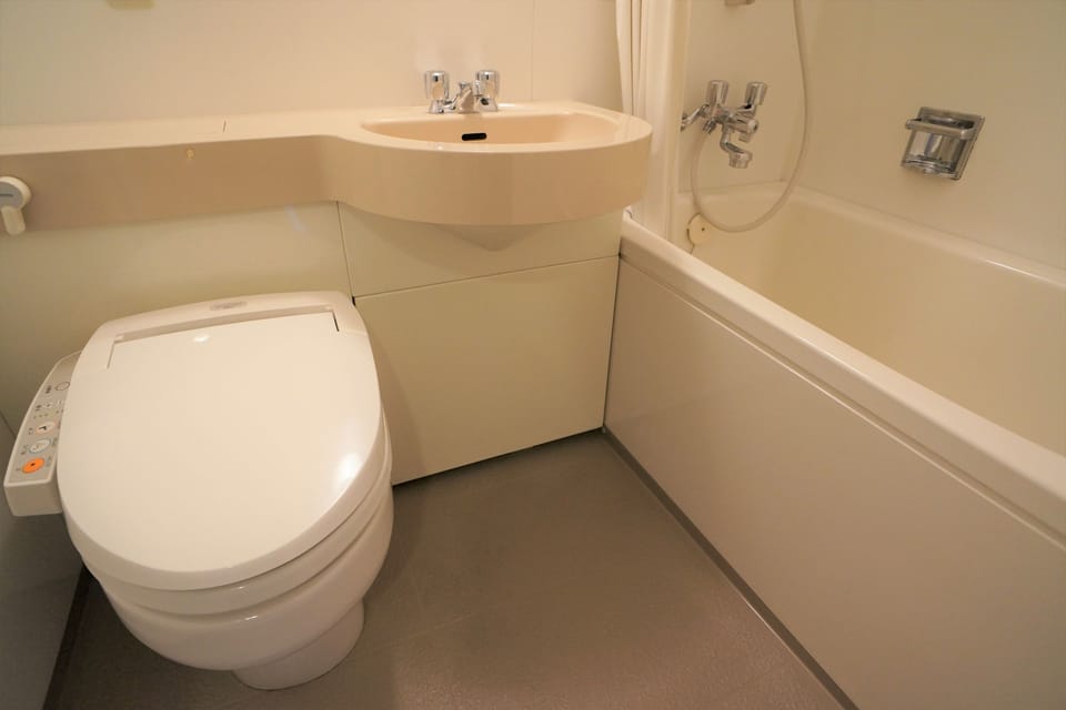 Combined shower/tub, free toiletries, hair dryer, slippers