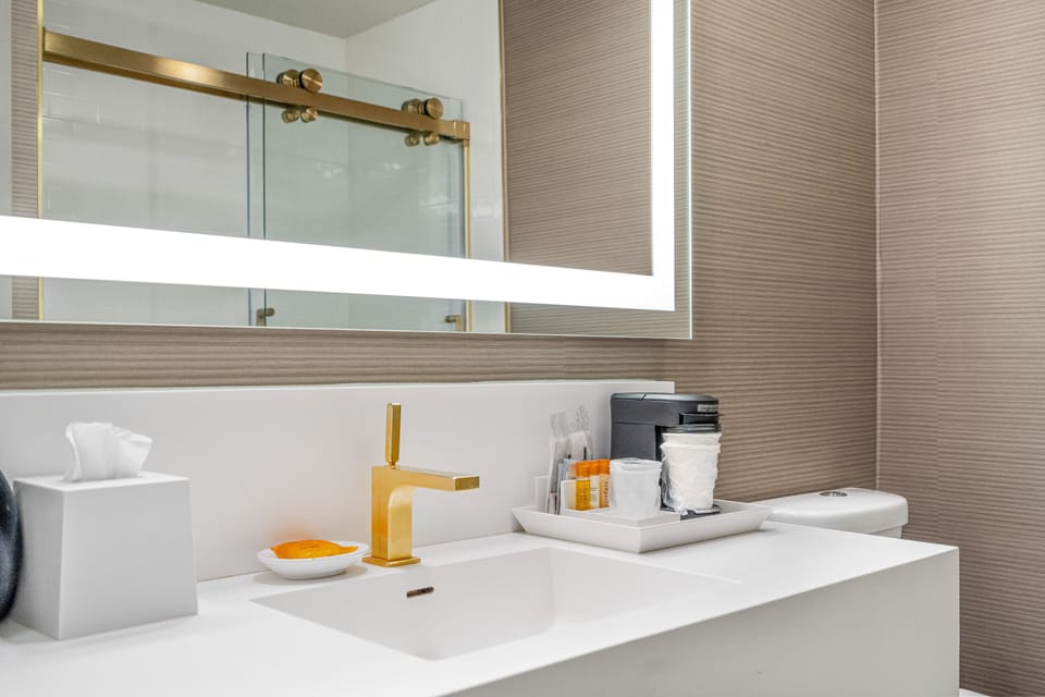 Combined shower/tub, free toiletries, hair dryer, towels