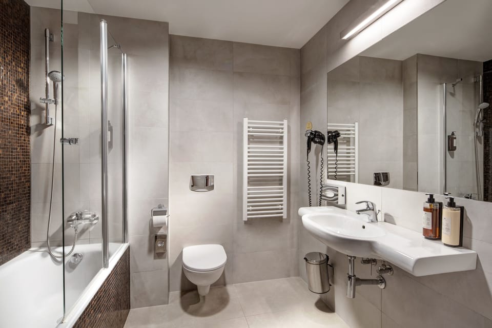 Combined shower/tub, free toiletries, hair dryer, towels