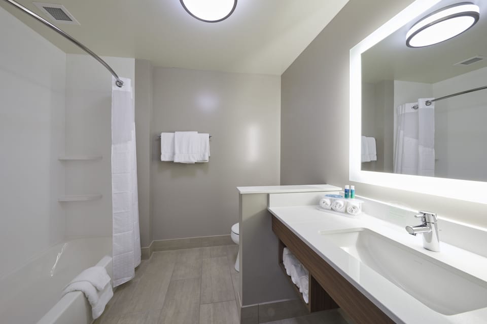 Combined shower/tub, free toiletries, hair dryer, towels