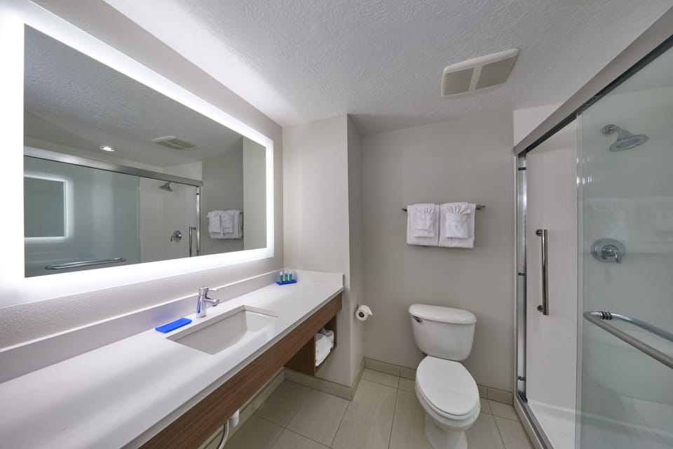 Combined shower/tub, free toiletries, hair dryer, towels
