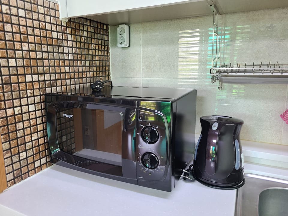 Full-size fridge, stovetop, rice cooker, cookware/dishes/utensils