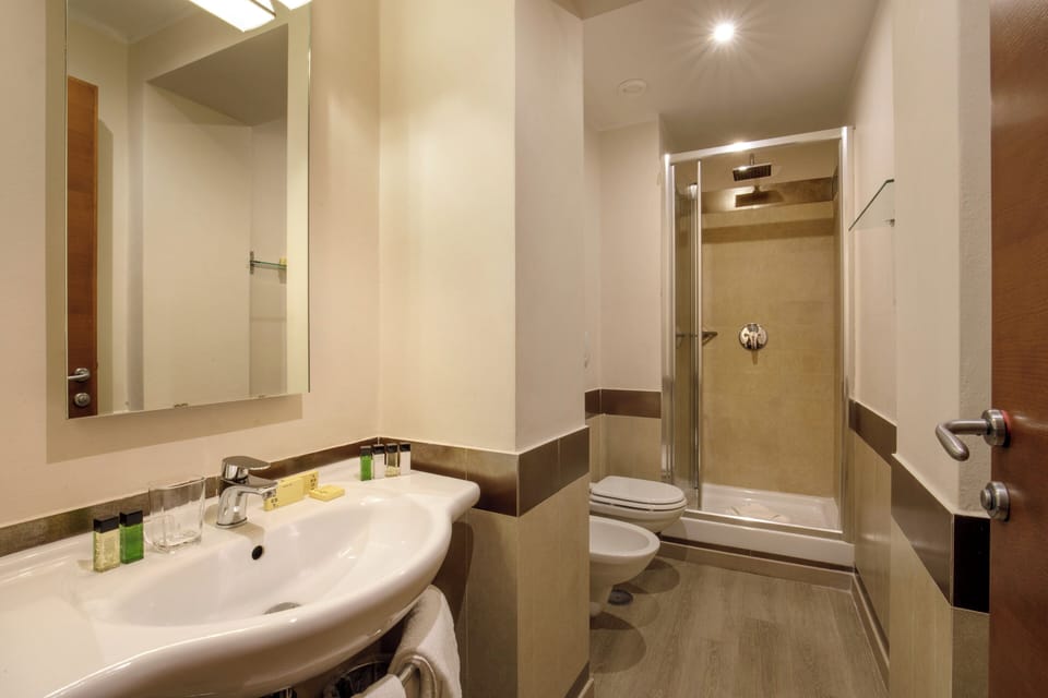 Shower, free toiletries, hair dryer, slippers