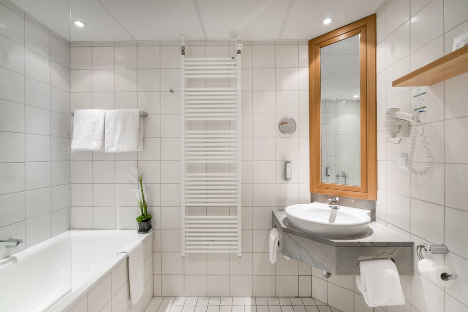 Hair dryer, towels, soap, shampoo