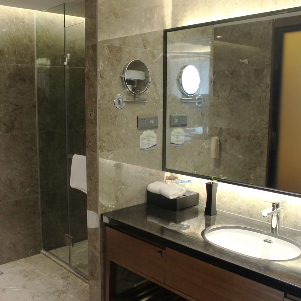 Deluxe King Room | Bathroom | Free toiletries, hair dryer, bathrobes, slippers