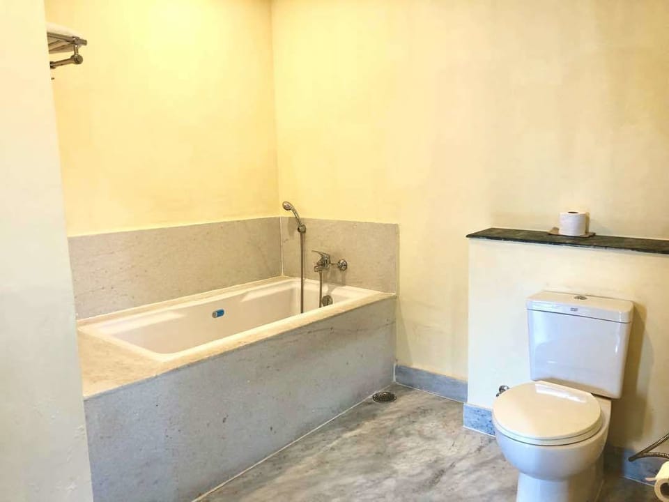 Combined shower/tub, jetted tub, free toiletries, hair dryer