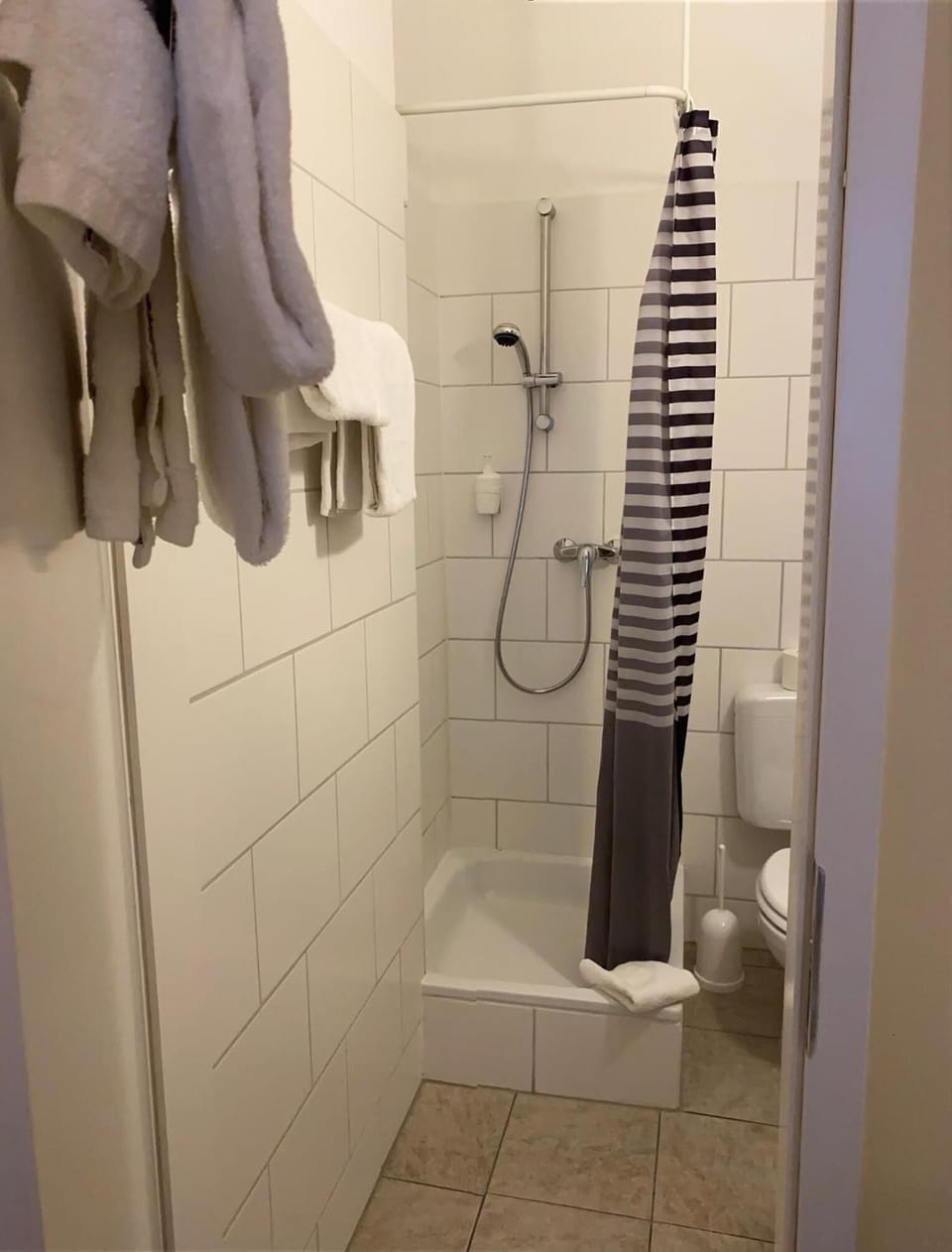 Shower, free toiletries, hair dryer, towels