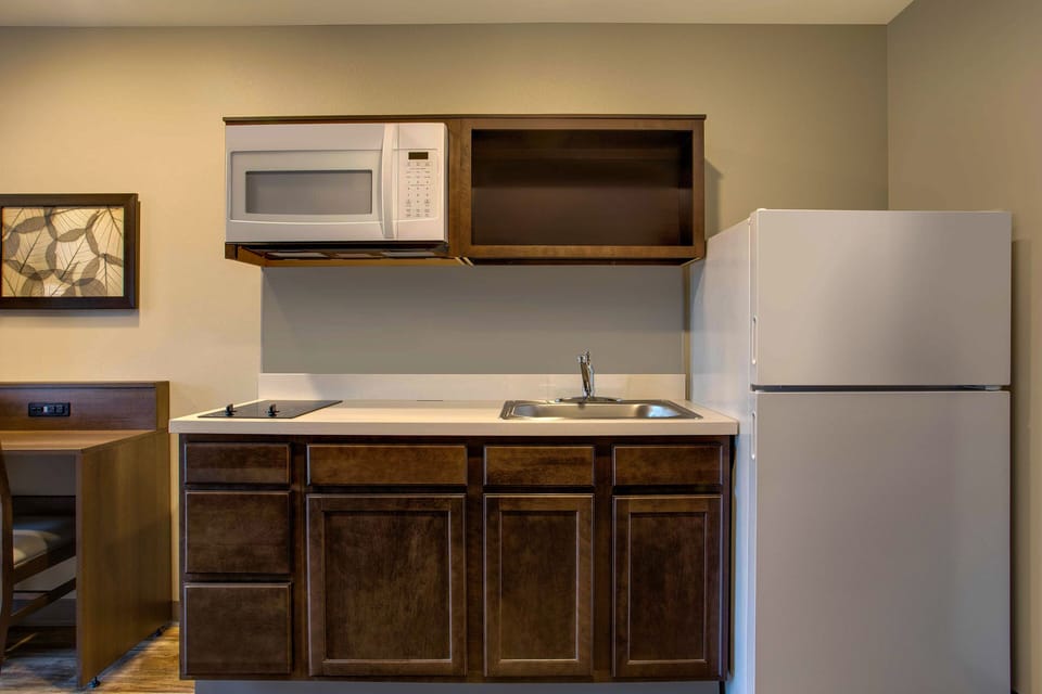 Full-size fridge, microwave, stovetop