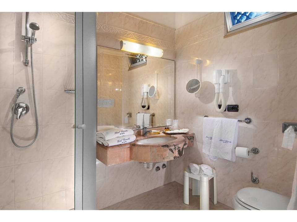 Separate tub and shower, jetted tub, free toiletries, hair dryer