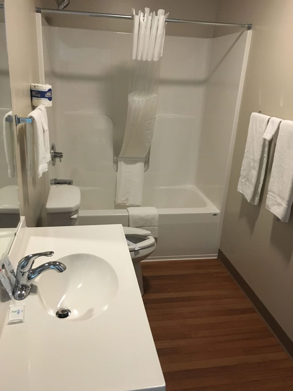 Combined shower/tub, rainfall showerhead, free toiletries, hair dryer