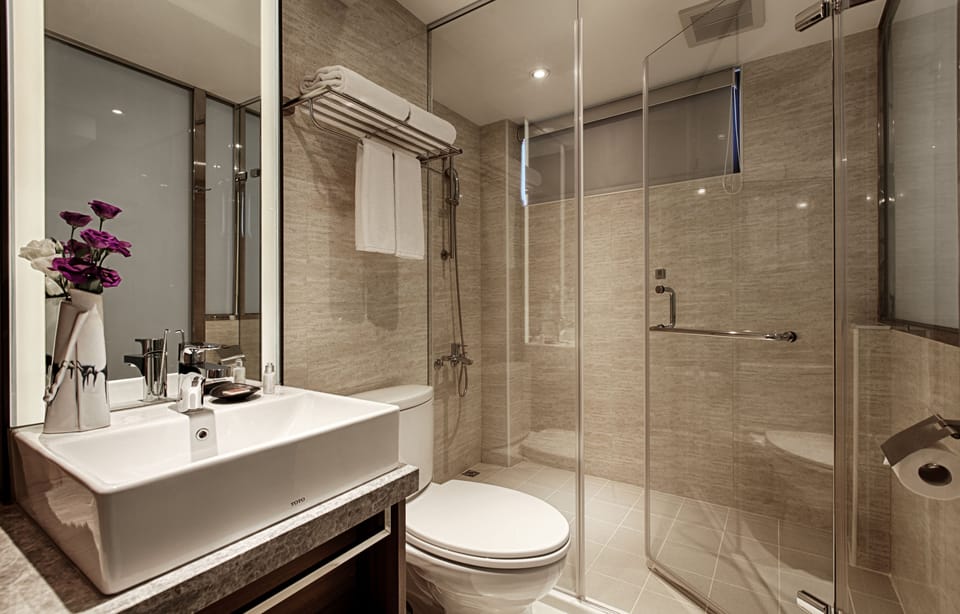 Shower, hair dryer, towels, shampoo