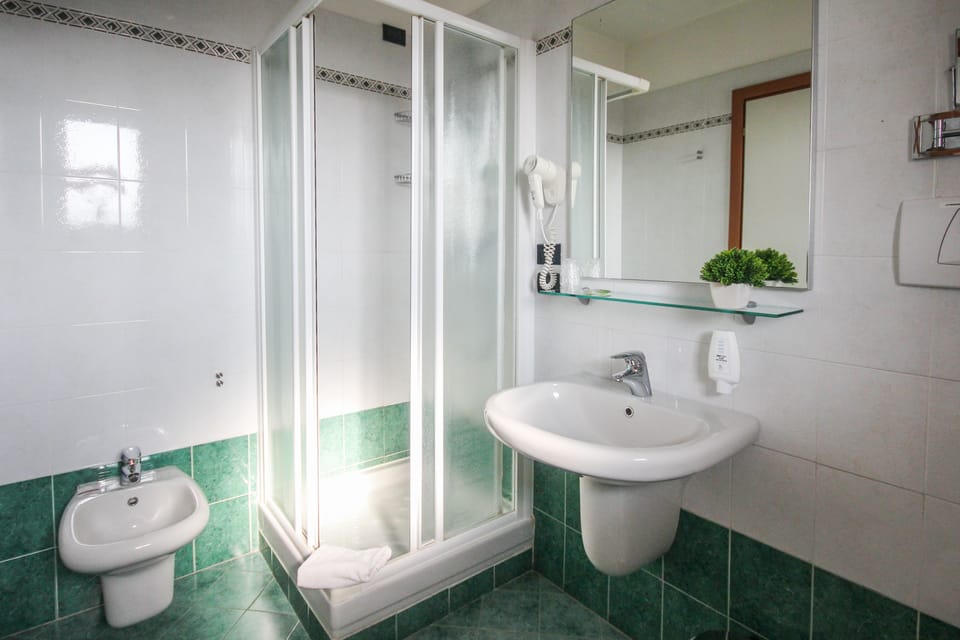 Shower, rainfall showerhead, free toiletries, hair dryer
