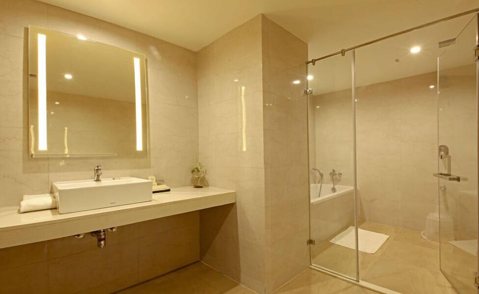 Shower, free toiletries, hair dryer, towels