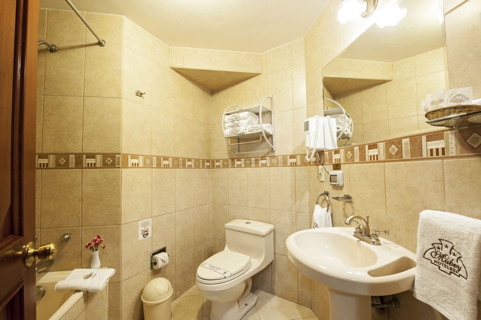 Combined shower/tub, rainfall showerhead, free toiletries, hair dryer
