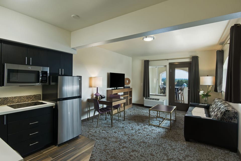 Extended Stay Balcony 2 Queen Suite Kitchenette | In-room safe, desk, laptop workspace, blackout drapes