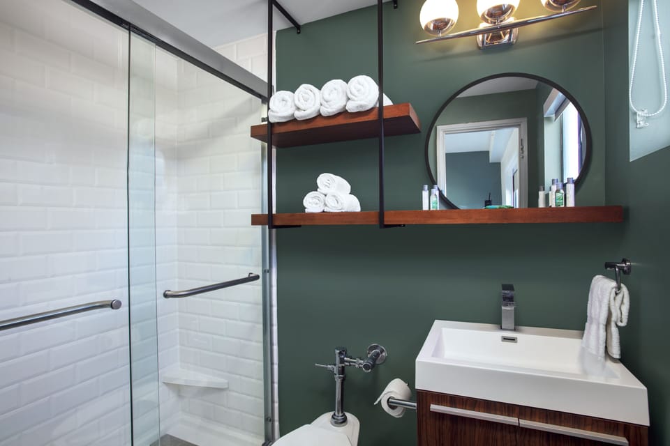Combined shower/tub, free toiletries, hair dryer, towels
