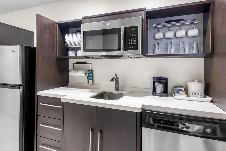 Full-size fridge, microwave, oven, dishwasher